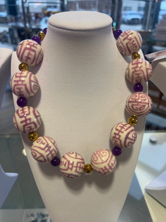 Chinoiserie Painted Purple  Ball Necklace Purple And Gold MCS