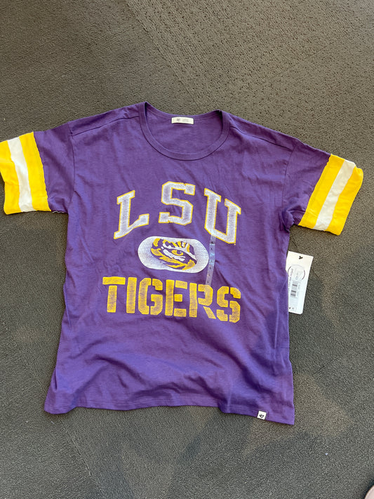 LSU Purple Tshirt With Striped Yellow Sleeves