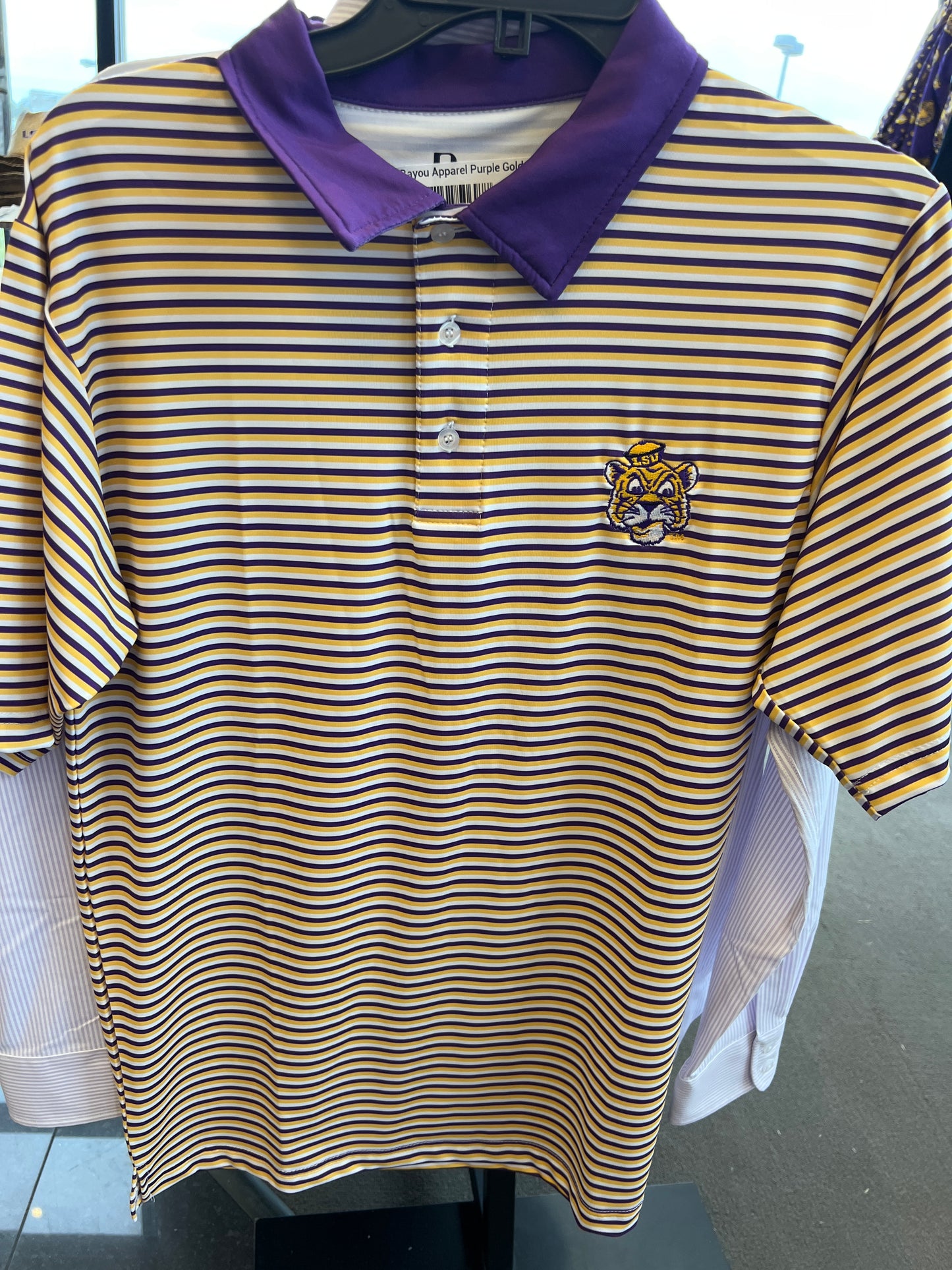 Men Purple Gold And White Striped Polo