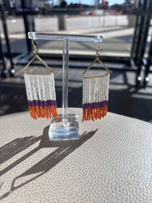 Whitney Color Block Stripe Beaded Fringe Earrings Purple And Ornage