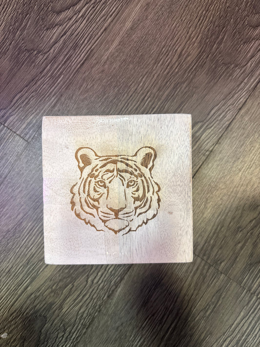 Tiger etched wood coasters