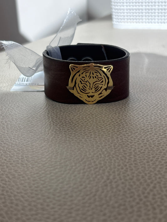 Thin Leather Tiger Cuff Bracelet Small Tiger Head