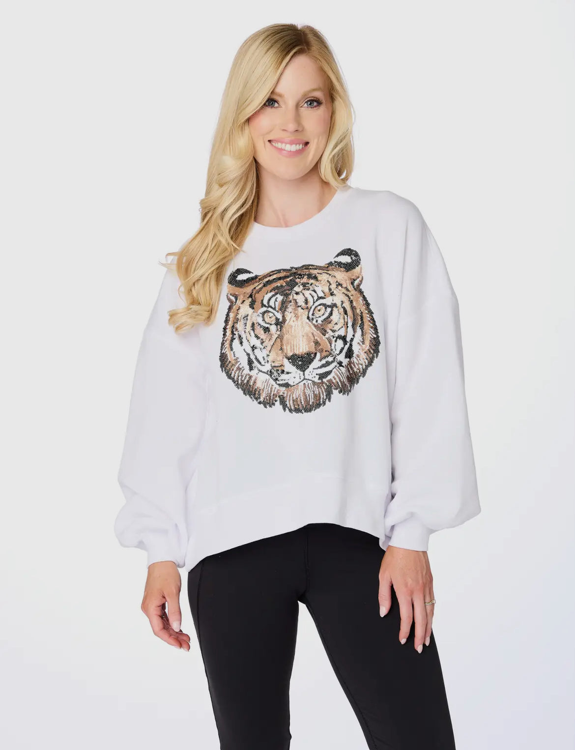 Tiger Sequin Balloon Pullover White