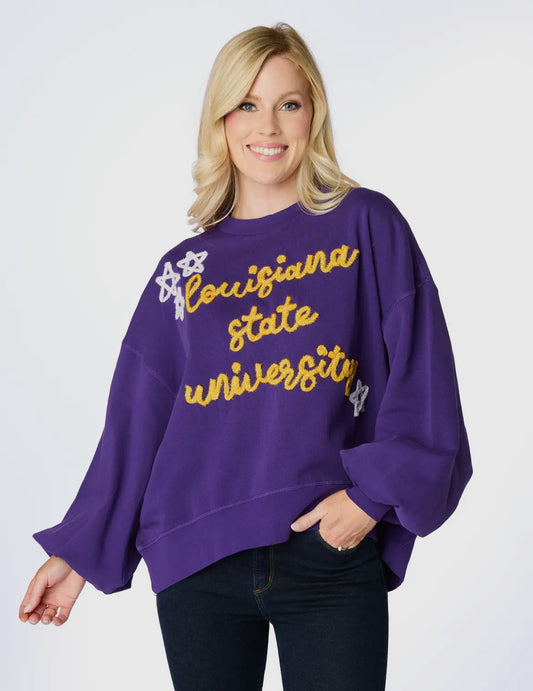 LSU Glitter Script Ballon Pullover