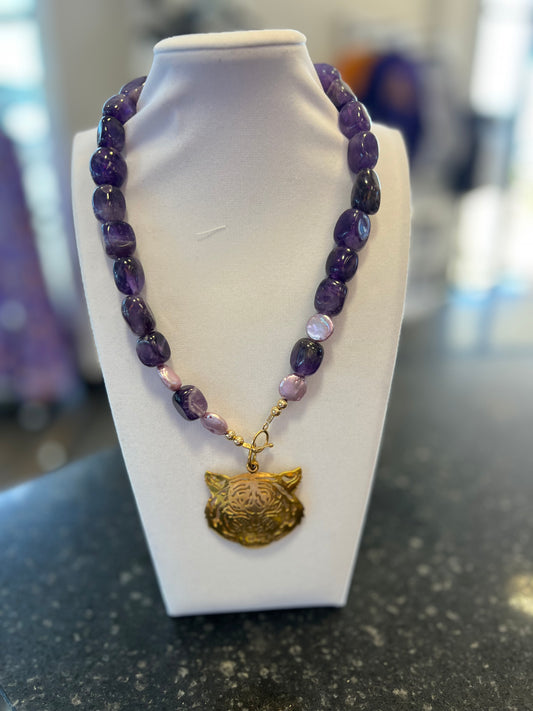 Amethyst Rounded Rectangular Bead Necklace With Tiger Charm