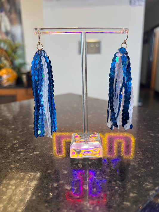 Blue And White Sequin Fringe Earrings