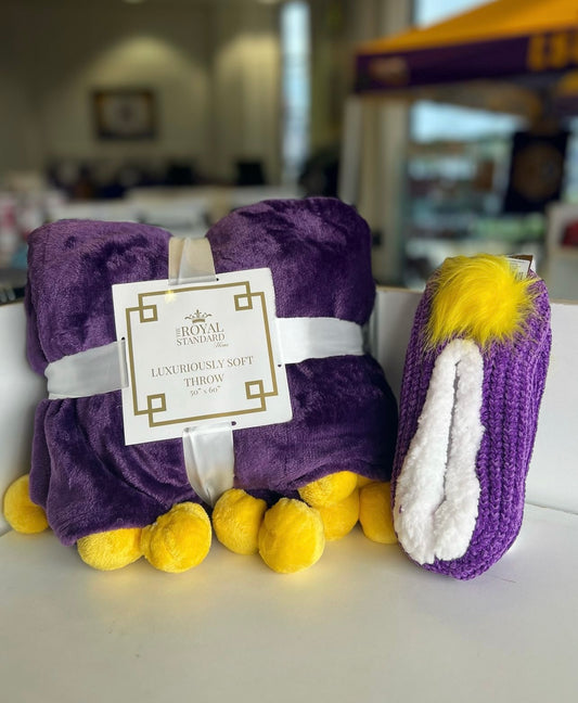 Cozy Pom Pom Throw Purple/ Yellow