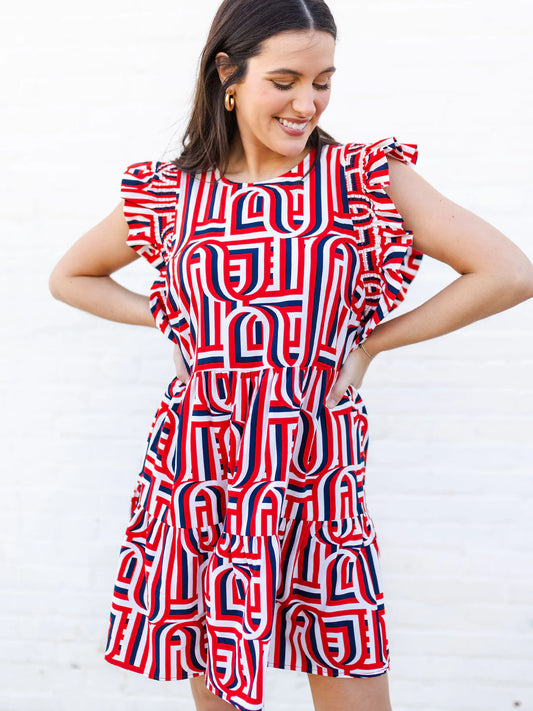 Everly Tochdown Dress Red, White, And Navy