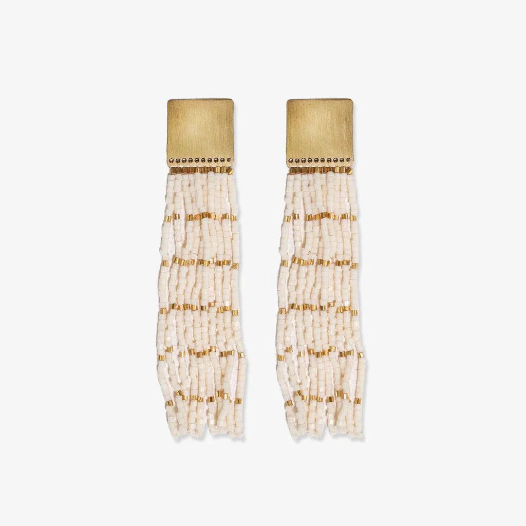 Harlow Brass Top Solid With Gold Stripe Beaded Fringe Earrings Ivory