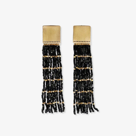 Harlow Brass Top Solidcwith Gold Stripe Beaded Fringe Earrings Black