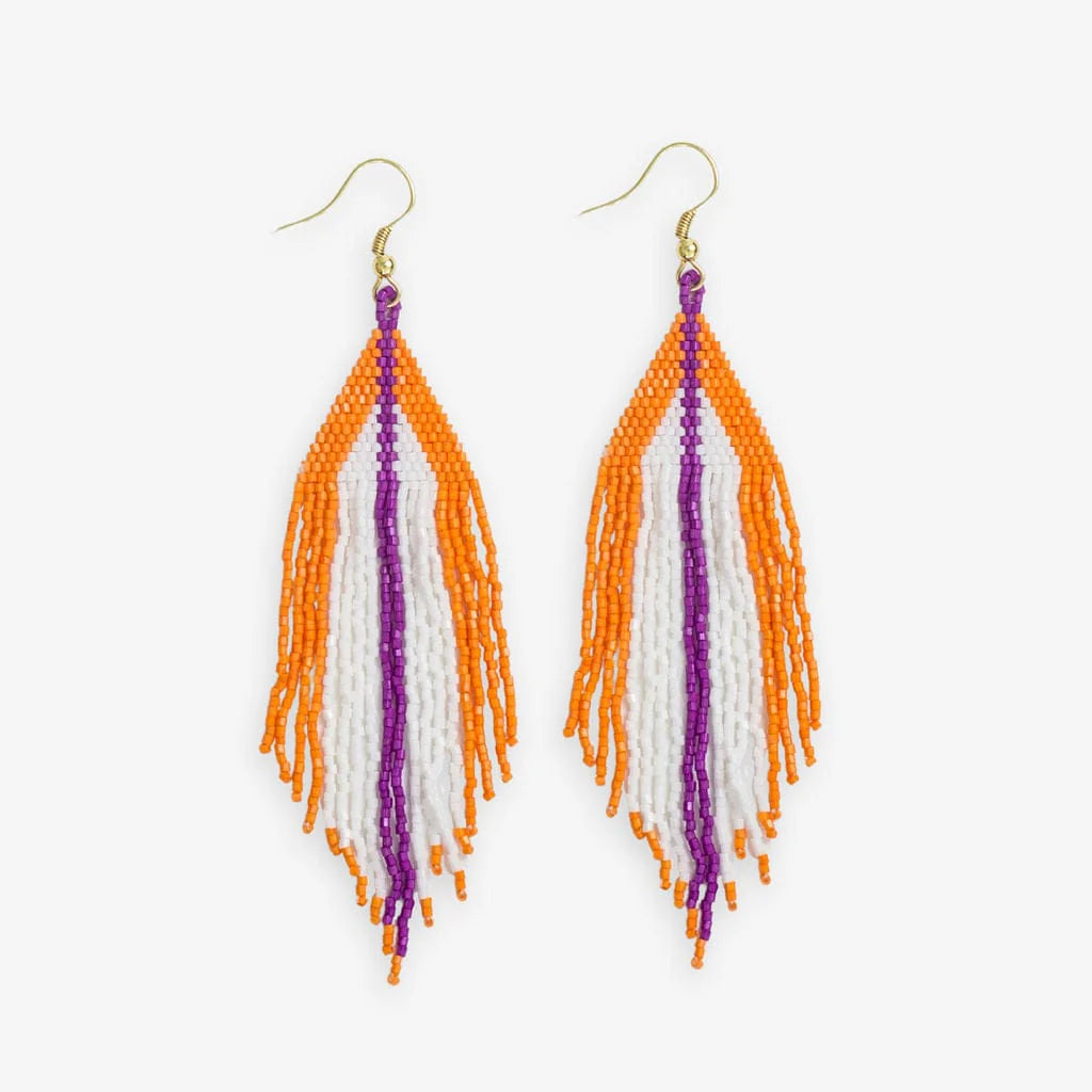 Jane Triangle With Purple Stripe Beaded Fringe Earrings Orange