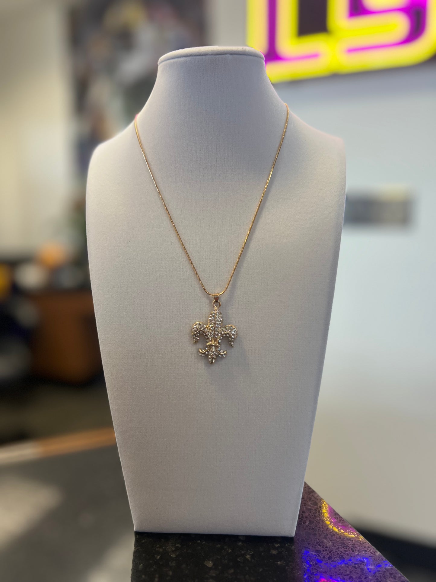 Gold Fleur De Lis Rhinestone Drop Necklace